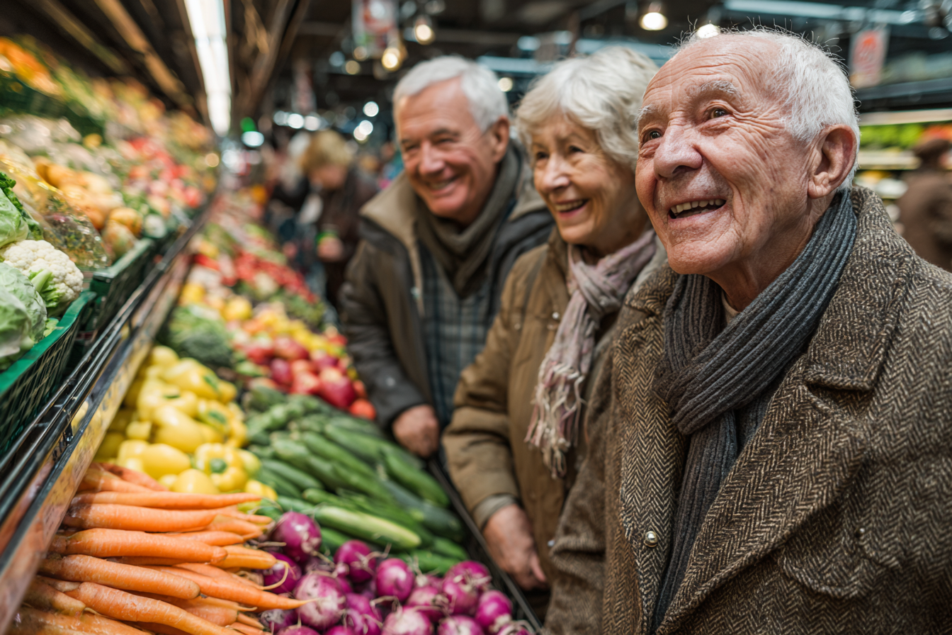 Seniori fericiți la masă, bucurându-se de o alimentație sănătoasă
